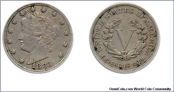 1883 USA Liberty head 5 cents, no CENTS