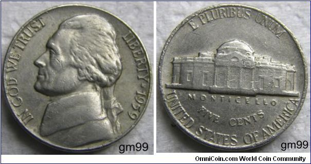 THOMAS JEFFERSON NICKEL, 5 CENTS. 1959, Mintmark: None (for Philadelphia) to the right of the building on the reverse. SOME STEPS ON REVERSE SIDE. NICE HEAD OF HAIR ON OBVERSE.
