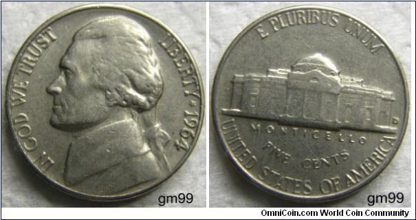 THOMAS JEFFERSON NICKEL, 5 CENTS. 1964D,Mintmark: D (for Denver) to the right of the building on the reverse.