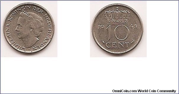 10 Cents
KM#177
1.5000 g., Nickel, 15 mm. Ruler: Wilhelmina I Obv: Head left
Rev: Crowned value divides date Edge: Reeded