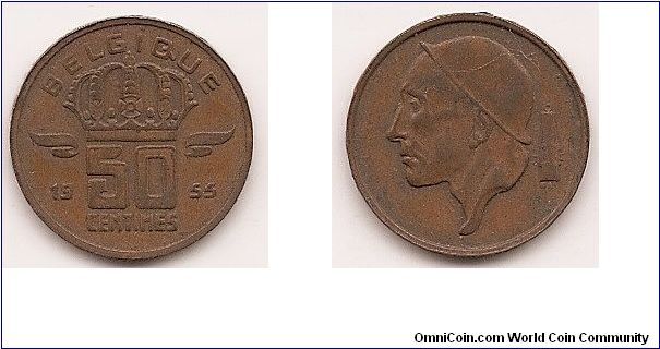 50 Centimes
KM#144
2.7500 g., Bronze, 19 mm. Obv: Crowned denomination divides
date, legend in French Obv. Leg.: BELGIQUE Rev: Helmeted
mine worker, left, miner's lamp at r. Large head, tip of neck 1/2
mm from rim Edge: Plain