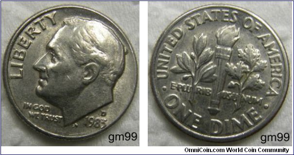 Franklin Delano Roosevelt DIME,10 CENTS. 1983D,Mintmark: D (for Denver, CO) above the date