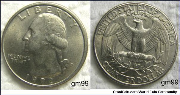 NICE HEAD OF HAIR. GEORGE WASHINGTON QUARTER DOLLAR,25 CENTS. 1992P,Mintmark: P (for Philadelphia, PA) on the obverse just right of the ribbon