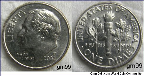 Franklin Delano Roosevelt DIME,10 CENTS. 2002D, Mintmark: D (for Denver) above the date