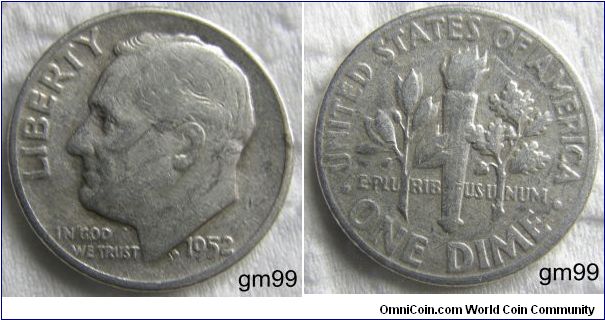 Franklin Delano Roosevelt DIME, 10 CENTS. 1952, Mintmark: None (for Philadelphia, PA) just to the left of the base of the torch on the reverse. Metal content:
Silver - 90%
Copper - 10%