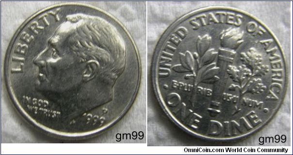 Franklin Delano Roosevelt DIME, 10 CENTS. 1999P,Mintmark: P (for Philadelphia, PA) above the date.Mintage:
Circulation strikes: 2,164,000,000
Proofs: 0