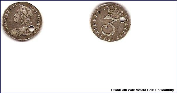 3 pence
George II (holed)
titles are: George II, by the grace of God, king of Great-Britain, France and Ireland