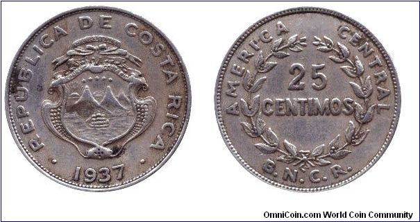Costa Rica, 25 centimos, 1937, Cu-Ni, America Central.                                                                                                                                                                                                                                                                                                                                                                                                                                                              
