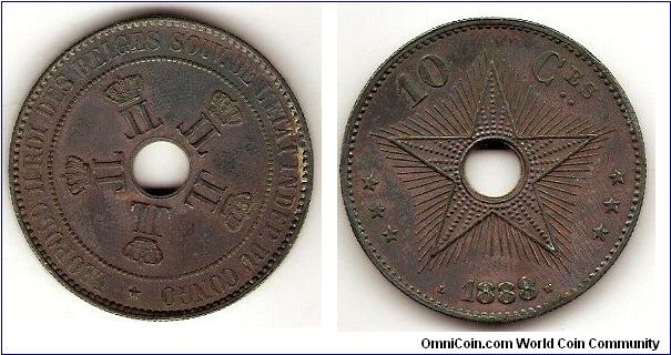 Congo Free State
Leopold II king of Belgium, sovereign of the Congo Free State
10 centimes