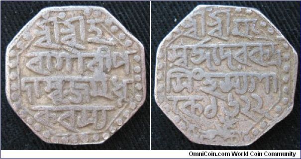 Independent Kingdom of Assam, 1 rupee, AR, dated Saka Era 1622 reverse, Rudra Simha, octagonal.