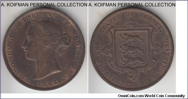KM-5, 1866 Jersey 1/13'th of a shilling; bronze, plain edge; this is a 1-A die pair by H.K.Fears, a more common widely spaced date, obverse die crack by the date. brown about uncirculated.