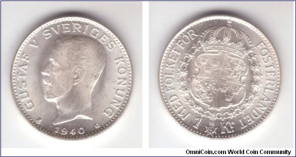 KM-786.2, Sweden 1940 Krona in nice brilliant uncirculated condition.