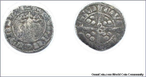 Edward I Penny York Class 9b Episcopal issue.      
0.8gms 17mm    
Pothook 'N's
Quatrefoil in centre of reverse.
Slight Clipping
Found on Humber foreshore.
