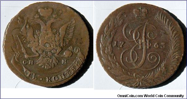 5 Kop, St.Petersburg Mint, Large letters, overstruck on 10K 1762