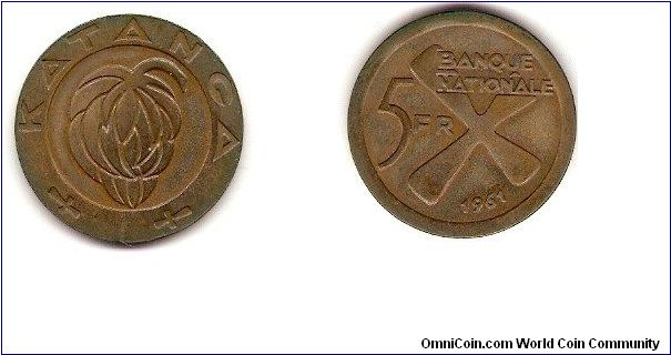 Katanga
5 francs
the rich copper-province of Katanga seceded from the Democratic Republic of Congo from 1961 to 1964