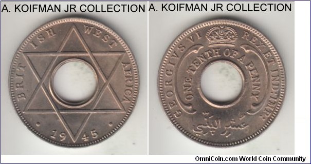 KM-20, 1945 British West Africa 1/10 penny, Royal Mint (no mint mark); copper nickel, holed flan, plain edge; George VI, one of the more common year, choice to gem uncirculated.