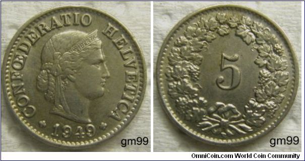 5 Rappen (Copper-Nickel) : 1879-1980
Obverse: Head of Helvetia right, LIBERTAS on headband,
CONFOEDERATIO HELVETICA date
Reverse: Value within wreath,
5