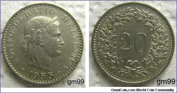 20 Rappen 
Obverse: Head of Helvetia right, LIBERTAS on headband
CONFOEDERATIO HELVETICA date. Reverse: Value within wreath
20