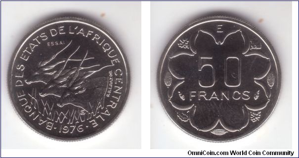 Central African States 1976 50 francs, essai, E-coded therefore issued for Cameroon; I could not match it to KM specific identification, there is not enough information at KM; nice nickel coin with reeded edge;