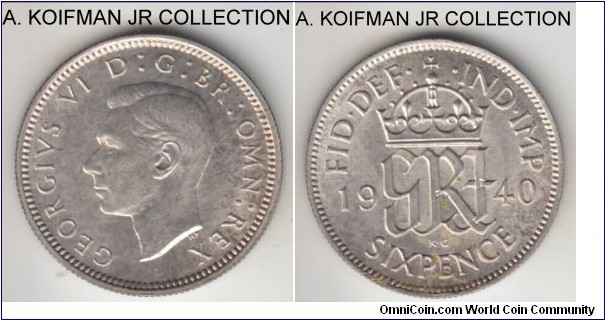 KM-852, 1940 Great Britain 6 pence; silver, reeded edge; George VI World War II issue, common mintage, pleasantly toned good uncirculated condition.