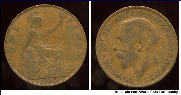 1922
1d Penny
Brittania seated holding Shield & trident
George V 1911-1936