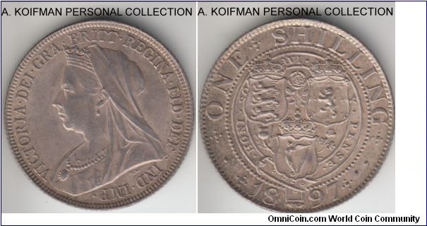 KM-780, 1897 Great Britain shilling; silver, reeded edge; good exta fine to borderline uncirculated, some light toning all over.