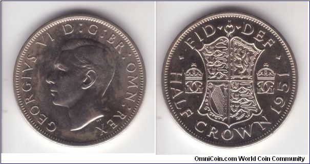 KM-879, Great Britain 1951 half crown in proof; from proof set; toning clearly shown