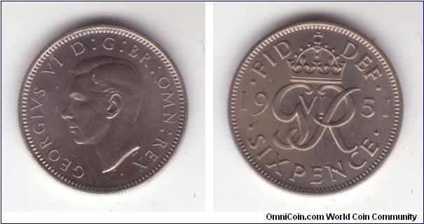 KM-875, Great britain 1951 6 pence in proof; interesting toning