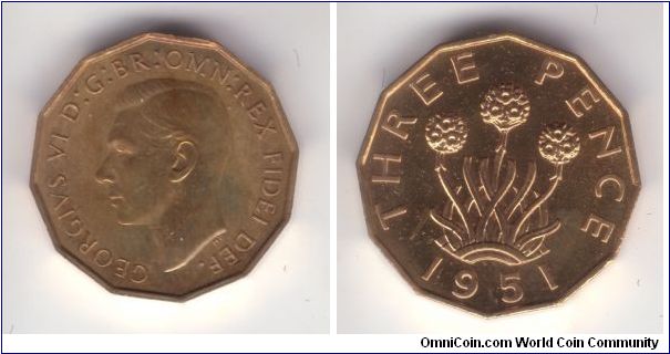 KM-873, Great Britain 1951 3 pence in proof; toned obverse and very nice reflective reverse