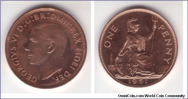 KM-869, Great Britain 1951 penny in proof; partially toned obverse and beutiful mirror like reflective reverse