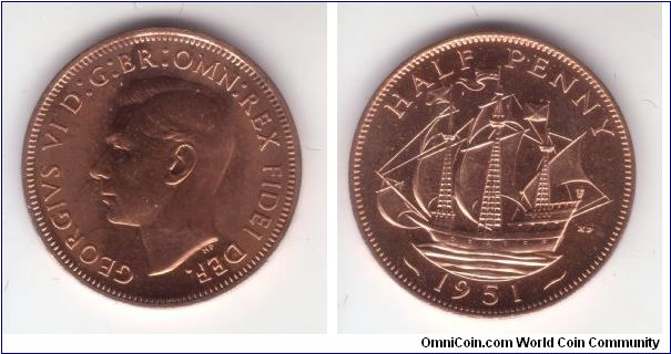 KM-868, Great Britain 1951 half penny in proof; toned obverseand mirror like brlemishless reverse