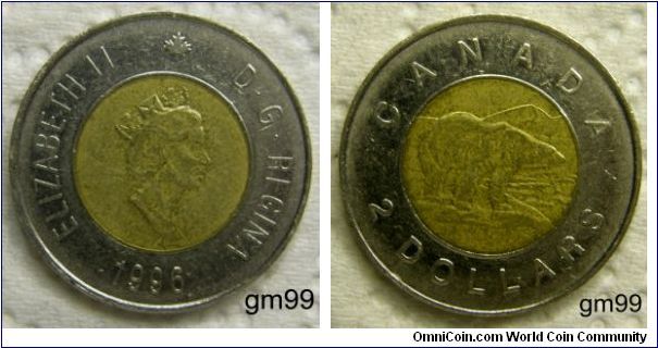 $2 Bi Metalic OBVERSE:QUEEN Elizabeth II, D.G. RIGINA, DATE, REVERSE: CANADA, Polar Bear, 2 DOLLARS