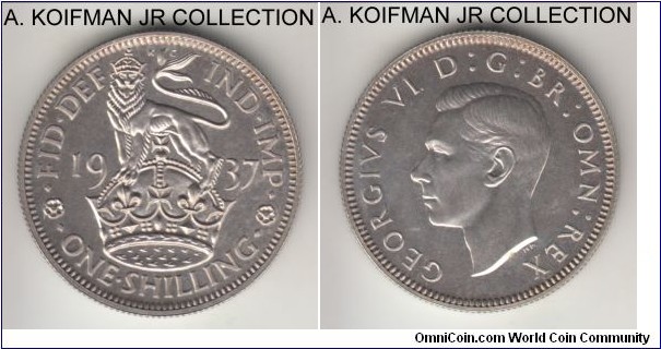 KM-853, 1937 Great Britain shilling; proof, silver, reeded edge; George VI, English crest, choice proof specimen from the coromation set, mintage 26,000.