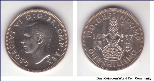 KM-854, Great Britain 1937 shilling in proof; Scottish crest