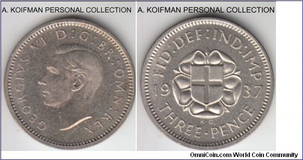 KM-848, 1937 Great Britain 3 pence; proof, silver, plain edge; average proof with very nice obverse profile.