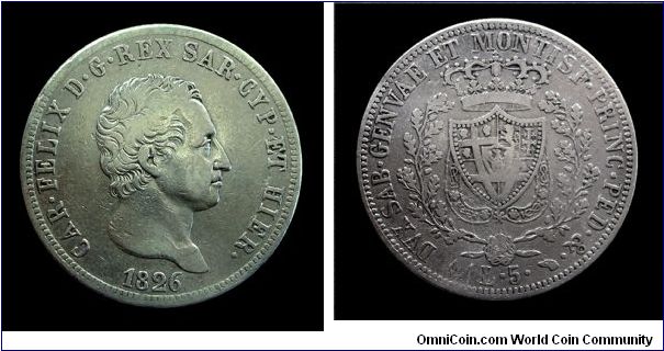 Kingdom of Sardinia - Charles Felix - 5 Lire - Silver