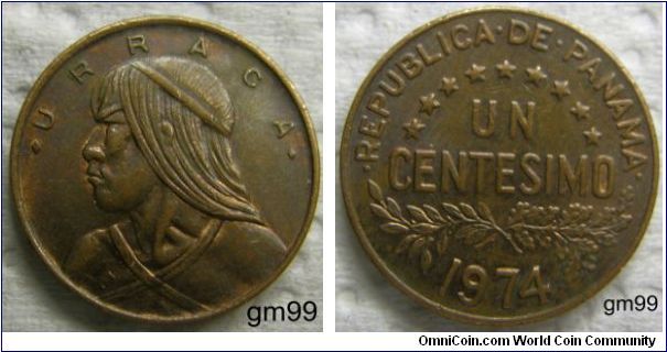 1 Centesimo. OBVERSE: Head of Urraca left,
 URRACA 
REVERSE:Value over sprigs,
 REPUBLICA DE PANAMA UN CENTESIMO date. Mint Mark None for West Point, New York.