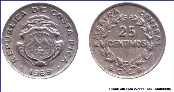 Costa Rica, 25 centimos, 1969, Cu-Ni, America Central.                                                                                                                                                                                                                                                                                                                                                                                                                                                              