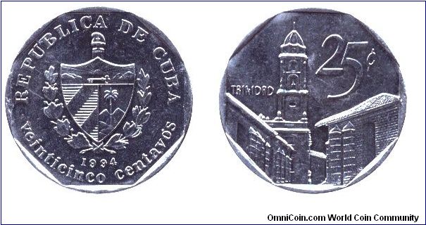 Cuba, 25 centavos, 1994, Trinidad.                                                                                                                                                                                                                                                                                                                                                                                                                                                                                  