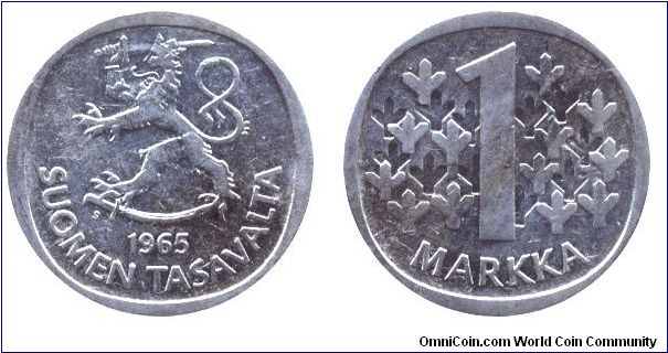 Finland, 1 markka, 1965, Ag.                                                                                                                                                                                                                                                                                                                                                                                                                                                                                        