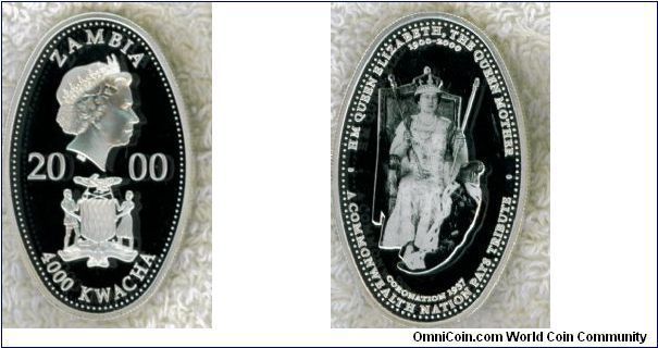 KM 79  4000 KWACHA SILVER OVAL PROOF celebrating the 100th birthday of the Queen Mother.  Mintage:  25,000