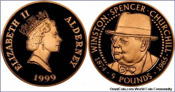 With an issue limit of 125 pieces, this large gold coin is also attractive. Issued for the 125th anniversary of Winston Churchill's birth in 1874. Diameter 38.61mm, weight 47.54 grams, alloy .9166, AGW 1.4012 troy ounces.
Also issued as a pair with another 1999 Guernsey Churchill coin.