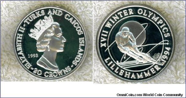 KM 239   LILLEHAMER WINTER OLYMPICS 20 CROWN SILVER COIN.