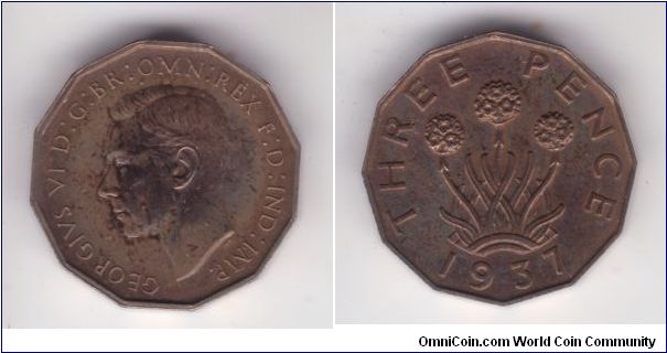 KM-849, Great Britain 1937 nickel bronze three pence in proof; from specimen set, quite toned and a bit of haze.