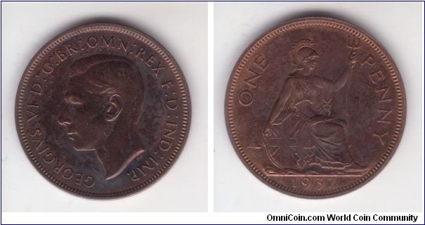KM-845, Great Britain 1937 penny in proof; nice dark brown but with dark reflective surfaces