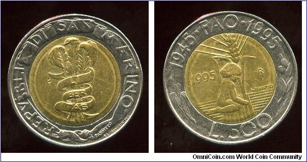 1995 bimetalic
500l
FAO 50th Anniversary
3 feathers & Motto 
Child & wheat