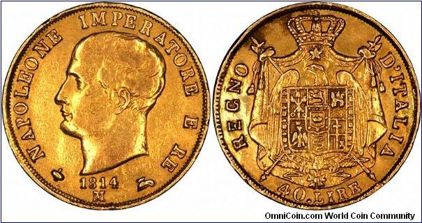 Joe Napoleon is pictured on this 1814 gold 40 Lire from the Kingdom of Napoleon.
Napoleon's coronation as King of Italy took place in Naples on 26th May 1805.
His brother-in-law Joachim also appeared as the King of Naples from 1813.
On checking up, it looks as though I was talking rubbish there. According to Krause, this is Napoleon I, so just where did I get my earlier information from? More to follow.