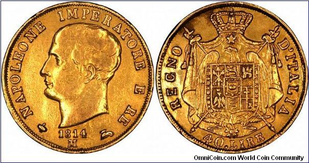 Joe Napoleon is pictured on this 1814 gold 40 Lire from the Kingdom of Napoleon.
Napoleon's coronation as King of Italy took place in Naples on 26th May 1805.
His brother-in-law Joachim also appeared as the King of Naples from 1813.
On checking up, it looks as though I was talking rubbish there. According to Krause, this is Napoleon I, so just where did I get my earlier information from? More to follow.