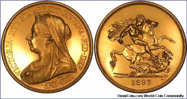 The 1893 gold five pounds was issued in proof and normal (non-proof) versions, as part of the design change to an older portrait. Queen Victoria is shown wearing a veil, as she was in mourning for her husband Prince Albert, who had died in the previous year. It is only one of three dates of gold five pound coin which was issued for general circulation, in addition to proof or pattern issues.