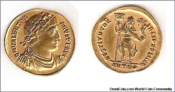 Gold Solidus Valentinian I
RIC Volume 9 page 272 No. 2
Observe: DNVALENTINIANVSPFAVG Diademed (rosettes), draped and cuirassed bust right.
Reverse: RESTITVTORREIPVBLICAE ANTH* - Valentinian I standing facing right, holding labarum and Victory on globe.